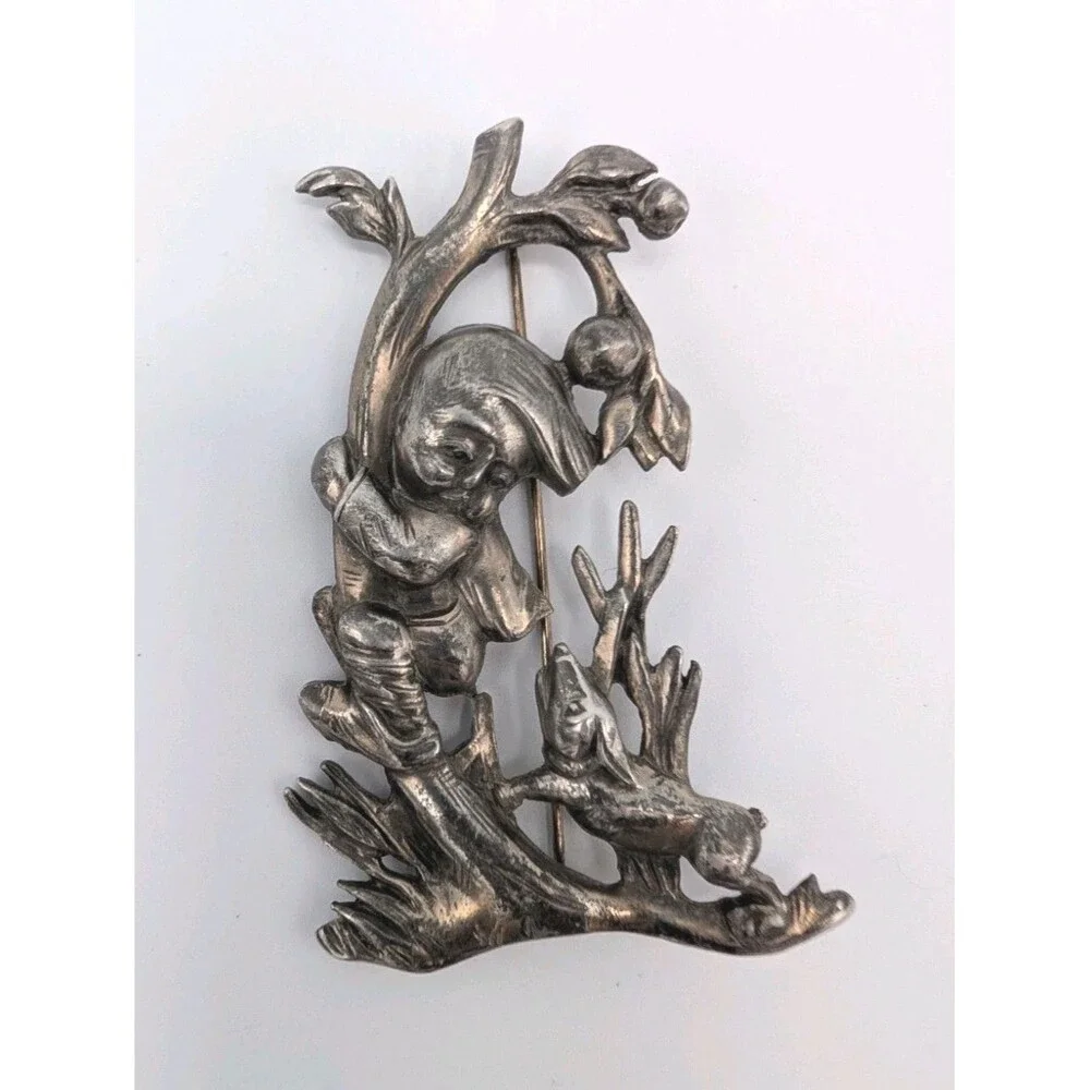 HTF Rare 1940s Pewter Silson William Regelmann Hummel Dog Chasing Boy Pin Brooch